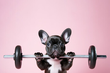 A dog lifting a barbell. Cute puppy French bulldog doing sport exercise with dumbbell on pink background. Lifting weights, bodybuilding, gym promo, sports, fitness