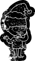 happy cartoon distressed icon of a boy wearing santa hat