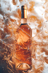 Trendy drink, orange wine bottle in splashes. Bottle of rose wine floating in liquid splash. Summer refreshing drink concept, wine tasting, advertising photo