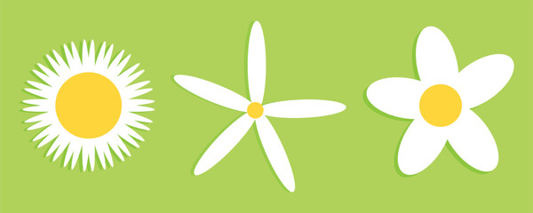 Set of daisy flowers icons isolated on green background vector illustration.