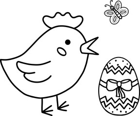 Vector illustration of a chicken with an Easter egg and a butterfly. Outline illustration of Easter. An illustration for Mother's Day. Stock illustration. Coloring book page