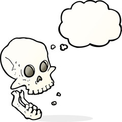 cartoon laughing skull with thought bubble