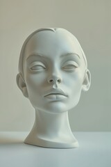 3d  portrayal of a head statue woman face with closed eyes, hanging withe wires, still life composition, total white minimalism