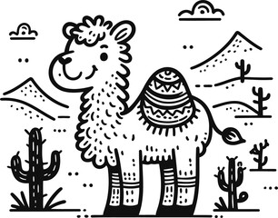 camel in cute animal doodle cartoon, children mascot drawing, outline,	