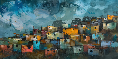 Colourful South African art with township village culture depicting informal housing settlement. Underprivileged Southern Africa squatter camp dwelling scene. - obrazy, fototapety, plakaty