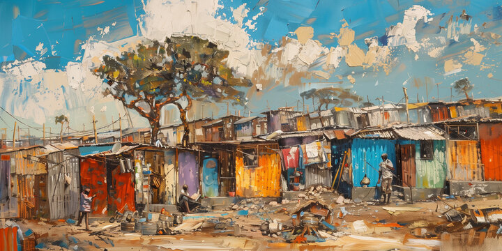 Colourful South African art with township village culture depicting informal housing settlement. Underprivileged Southern Africa squatter camp dwelling scene.