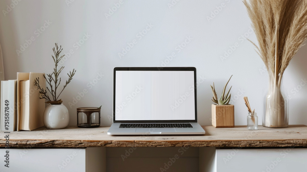 Aufkleber a minimalistic aesthetic boho-style workspace. a laptop with an empty screen, indoor plants and drie