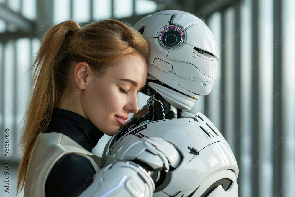 Poster embracing the future woman hugging robot in front of window with robot written on it