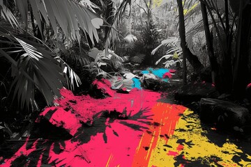 a black and white image with spots of colors of the jungle,  full of plants and trees, palms and flowers