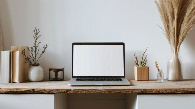 A minimalistic Aesthetic Boho-style Workspace. A laptop with an empty screen, indoor plants and dried flowers on a wooden table near a white wall.