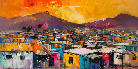 Colourful South African art with township village culture depicting informal housing settlement. Underprivileged Southern Africa squatter camp dwelling scene. - obrazy, fototapety, plakaty