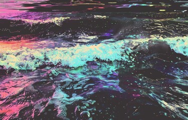 black and white picture of the sea waves, with neon  color patterns, poster wallpaper
