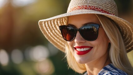 Fototapeta premium Pretty blonde woman in summer, wearing sunglasses and a hat