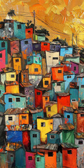 Colourful South African art with township village culture depicting informal housing settlement. Underprivileged Southern Africa squatter camp dwelling scene.