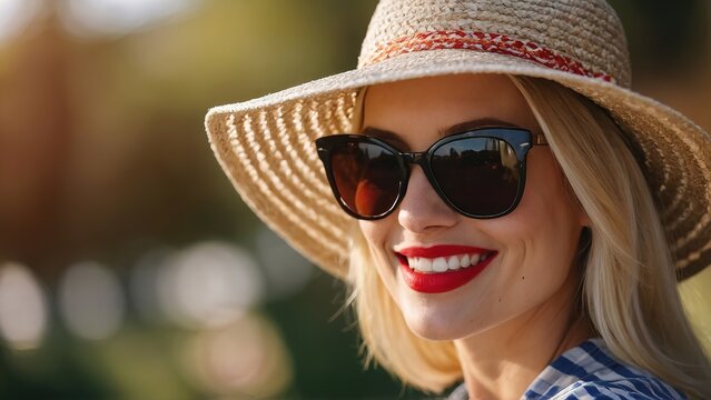 Pretty blonde woman in summer, wearing sunglasses and a hat