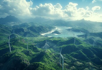 energy, generation, windmill, alternative, electricity, environment, green, power, technology, wind. a wind farm, the concept of green energy. care for the environment when generating electricity. - obrazy, fototapety, plakaty