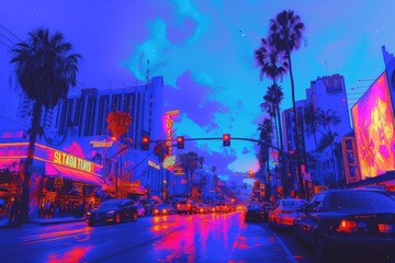 a blue and white image of a sunset boulevard with buildings and palms, neon digital art mood, poster, wallpaper, backgrounds, patterns