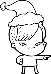 Obraz premium cute line drawing of a girl with hipster haircut wearing santa hat