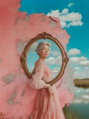 Senior woman in a long dress next to a circular window. Waiting, hoping pastel background. - 751588416