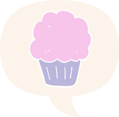 cartoon cupcake and speech bubble in retro style