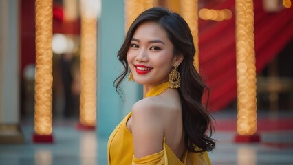 Potrait beautiful asian model walking in red carpet