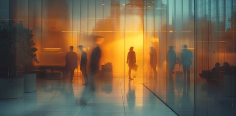 business, bokeh, abstract, background, blur, blurred, defocused, interior, hall, office.　blurred image of a large office space in the sun with business people going about their business. Generative Ai - obrazy, fototapety, plakaty