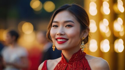 Potrait beautiful asian model walking in red carpet