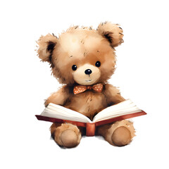 Watercolor little bear reading a book isolated on transparent background