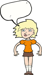 cartoon happy woman with speech bubble