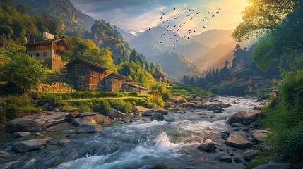Revel in the picturesque blend of mountain streams, charming villages, and the enchanting flight of birds, harmoniously framed by nature's exquisite canvas. - obrazy, fototapety, plakaty