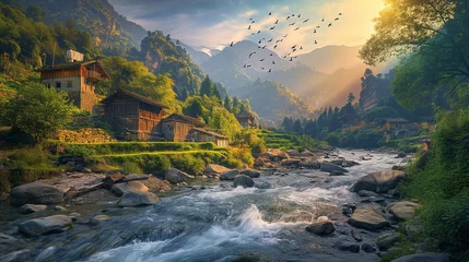 Zelfklevend Fotobehang Revel in the picturesque blend of mountain streams, charming villages, and the enchanting flight of birds, harmoniously framed by nature's exquisite canvas. © The Image Studio
