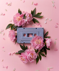 Spring flowers surrounding a retro audio cassette. Inspiring sounds background. - 751589293