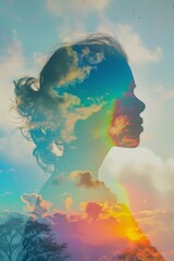 double exposure portrait illustration of silhouette woman face and a rainbow lanscape in, mental health healing concept