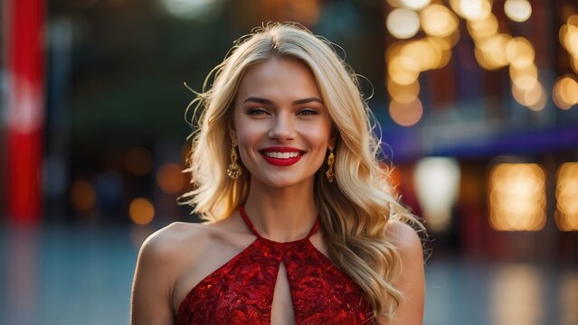 Potrait beautiful blonde model walking in red carpet - Powered by Adobe