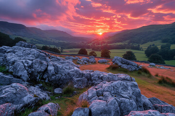 A Lake District inspired landscape scene at golden hour in the English countryside - obrazy, fototapety, plakaty