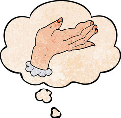 cartoon hand and thought bubble in grunge texture pattern style