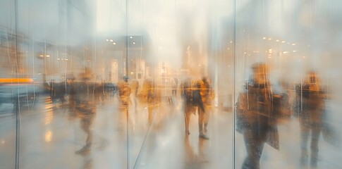 business, bokeh, abstract, background, blur, blurred, defocused, interior, hall, office.　blurred image of a large office space in the sun with business people going about their business. Generative Ai