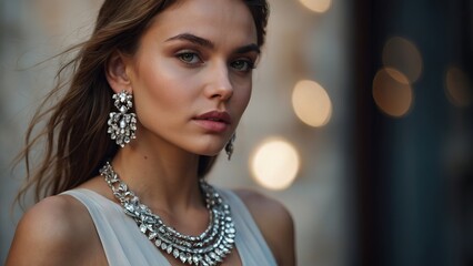 Portrait of a beautiful woman wearing elegant silver jewelry - earrings and necklace