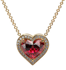 Heart shaped golden ruby necklace with diamonds, jewelry for women, isolated on a white background