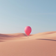 surreal minimal landscape, desert with a big pink scenic balloon alone in a pastel ocra ish scene