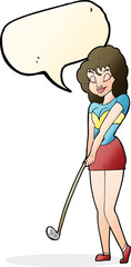 cartoon woman playing golf with speech bubble