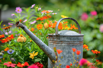 Watering can and flowers. A slide background for showcasing gardening. Background image. Created with Generative AI technology.