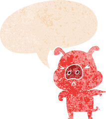 cartoon angry pig and speech bubble in retro textured style
