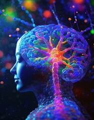 Digital consciousness, brain potential. Ideas and innovation. Free your mind. Synapses and artificial intelligence. Cloud and globalization. ai generative. Human anatomy and brain, side view