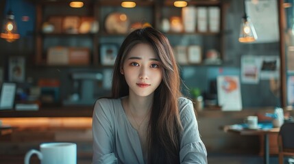 Realistic photo of a beautiful Asian woman. is enjoying her unhurried work time and keep things simple