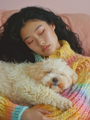 A cozy scene of a woman in a yellow knit cuddling with her adorable, fluffy white dog on a pink couch