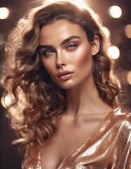 Glamour portrait of beautiful woman model with fresh daily makeup and romantic wavy hairstyle. Fashion