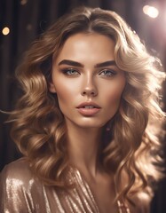 Fototapeta premium Glamour portrait of beautiful woman model with fresh daily makeup and romantic wavy hairstyle. Fashion