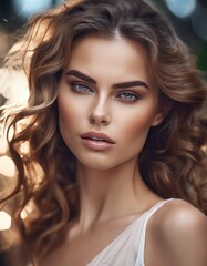 Glamour portrait of beautiful woman model with fresh daily makeup and romantic wavy hairstyle. Fashion