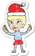 retro distressed sticker of a cartoon woman eating hotdog